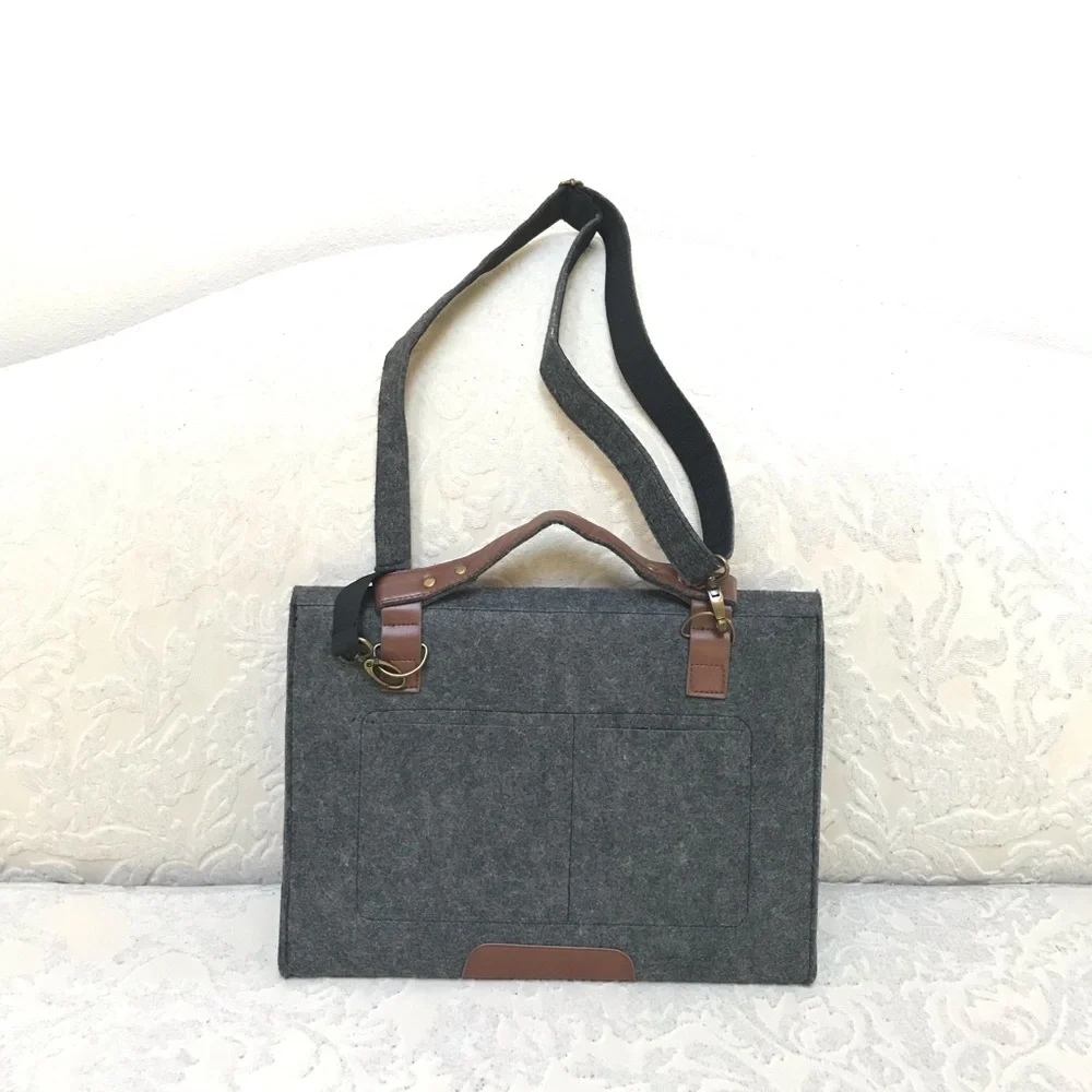 Charcoal Felt Laptop Shoulder Bag with Faux Leather Accents - 13-13.3 inch